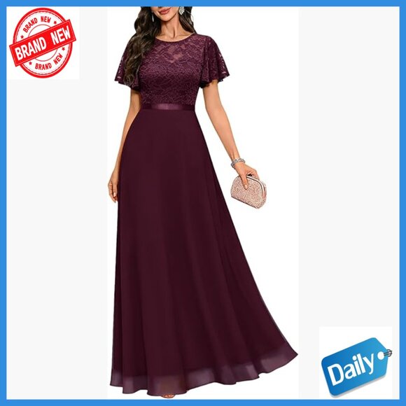 Lace Maxi Dress with Ruffle Sleeves for Wedding Guest Prom Formal Gown